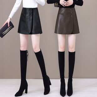 春秋冬真皮皮短裤女小个子休闲显瘦a字裙裤阔腿靴裤一体皮裙短款
