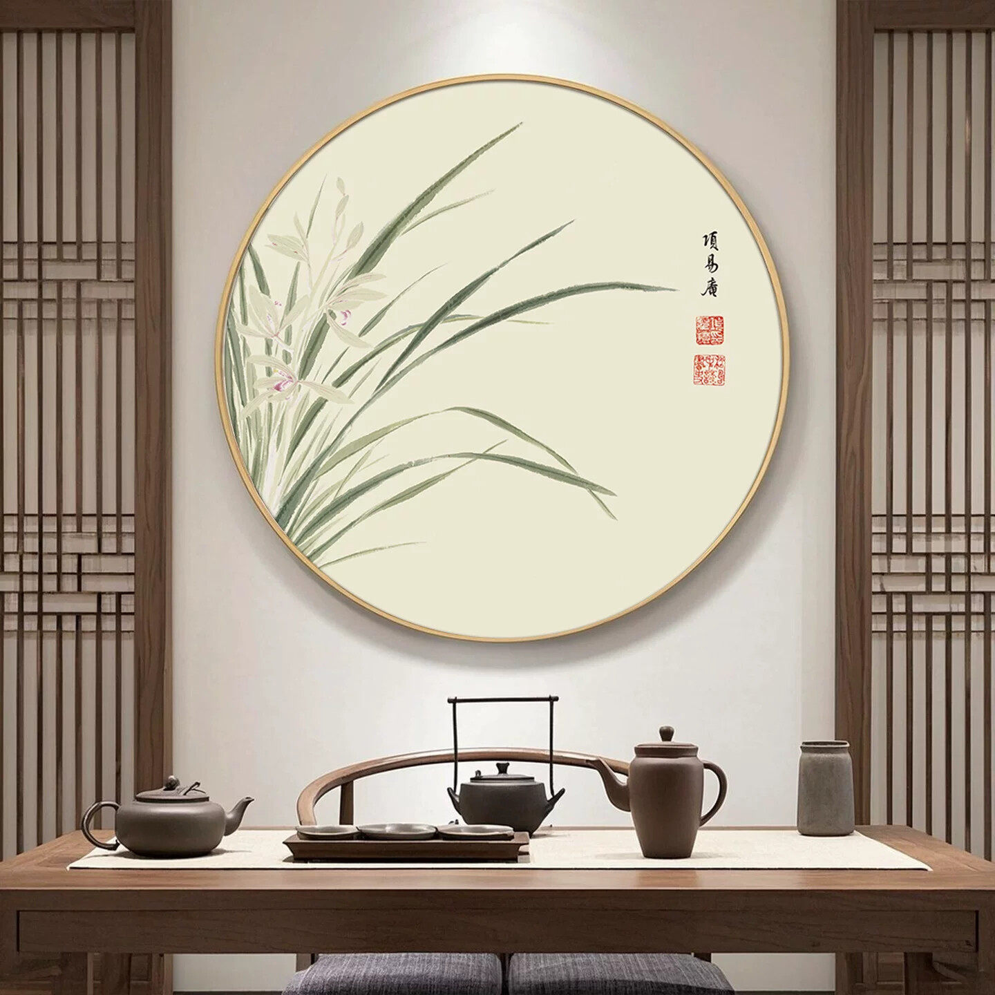 圆形装饰画中国风客厅兰花挂画玄关壁画茶室书房新中式古风背景墙