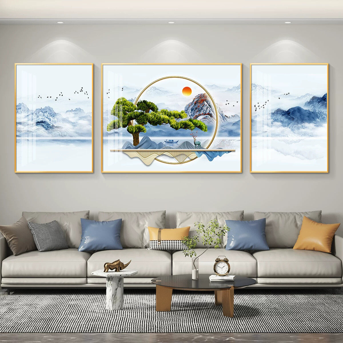 迎客松轻奢客厅装饰画沙发背景墙挂画壁画简约现代墙画山水画大气