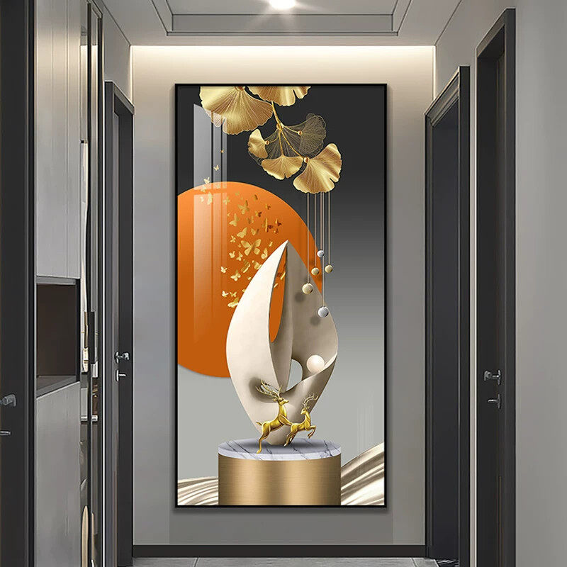现代轻奢风玄关装饰画抽象麋鹿主题 金框拉丝铝合金挂画 水晶材质