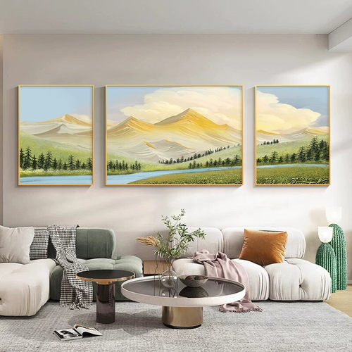 日照金山客厅装饰画青山绿水沙发背景墙挂画北欧风高级感三联壁画