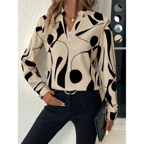 Womens Abstract Graphic Print Notched Neck Blouse Casual