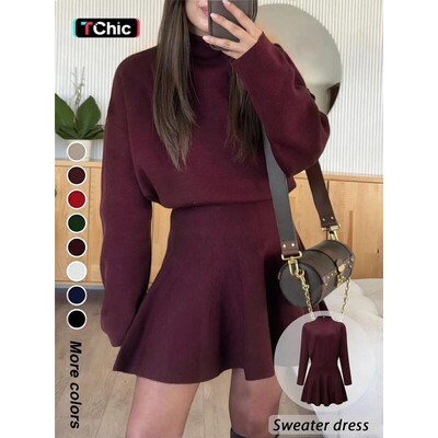 Womens Casual Mock Neck Sweater Dress FallWinter Long