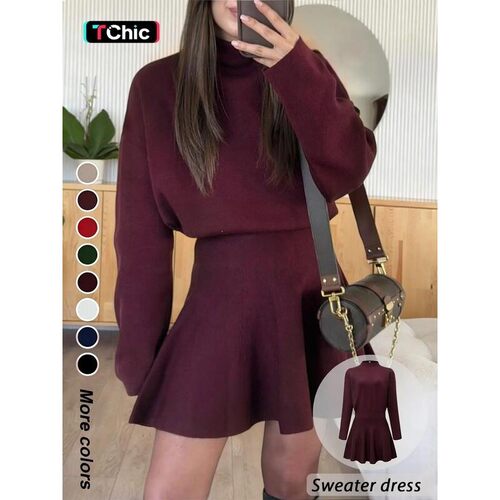 Womens Casual Mock Neck Sweater Dress FallWinter Long