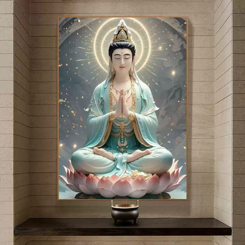 中式观世音佛像挂画 精品铝合金框现代简约观音菩萨装饰画
