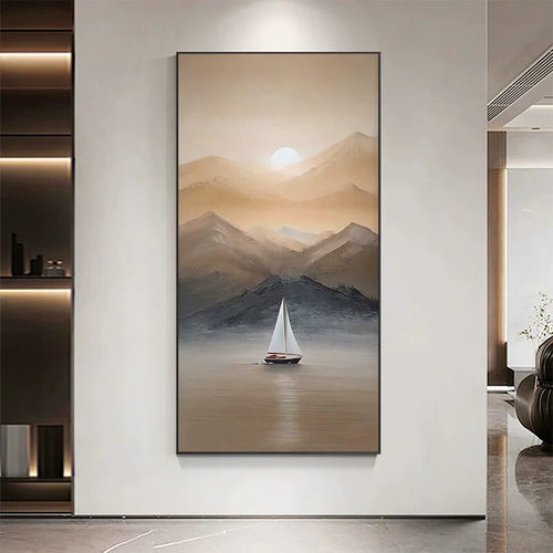 《墨晓行舟》帆船水墨意境玄关装饰画入户正对门挂画走廊过道壁画