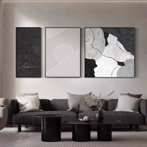 抽象客厅三联画大气沙发背景墙挂画现代简约装饰画高级感黑白壁画