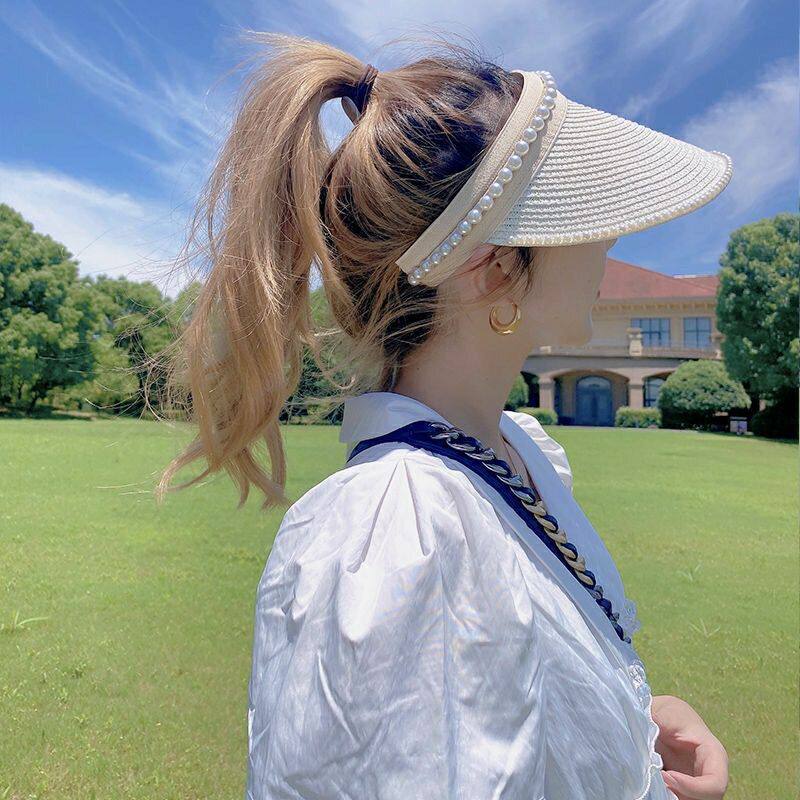 珍珠空顶帽子女夏遮阳帽防晒草帽小清新沙滩帽大檐无顶发箍太阳帽