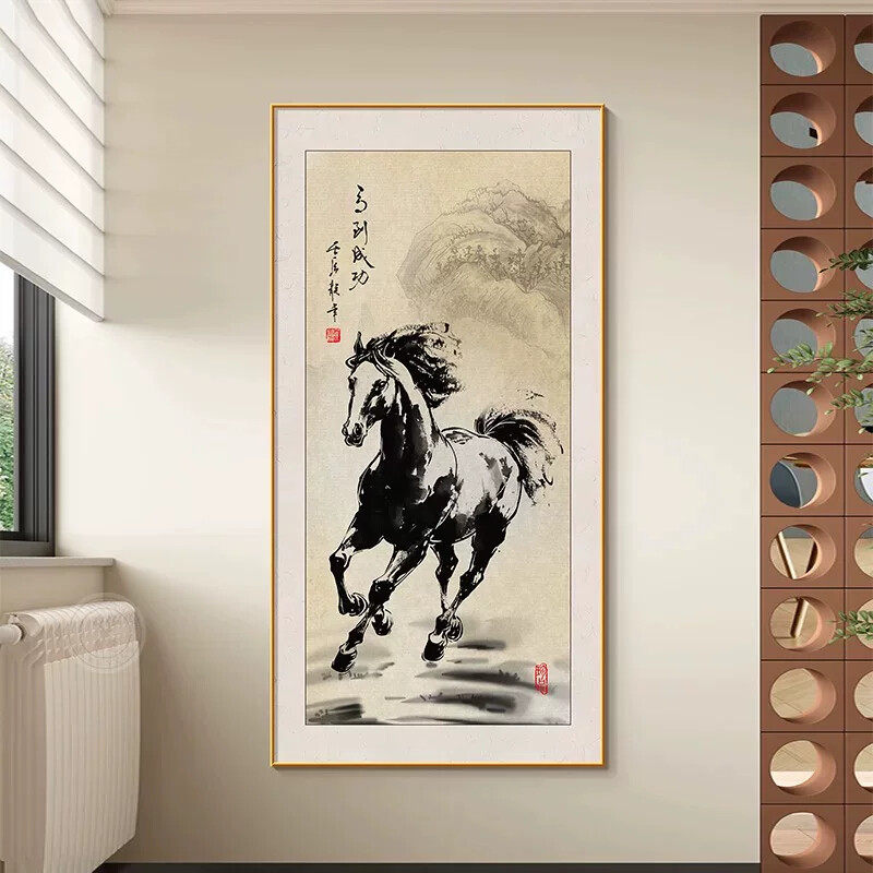 马到成功装饰画新中式玄关背景墙挂画高档骏马图办公室走廊过道画