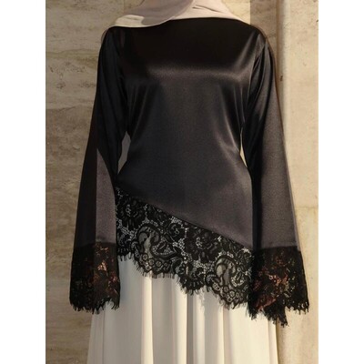 Lace Trim Satin Tie Back Blouse One Size Comfortable Womens