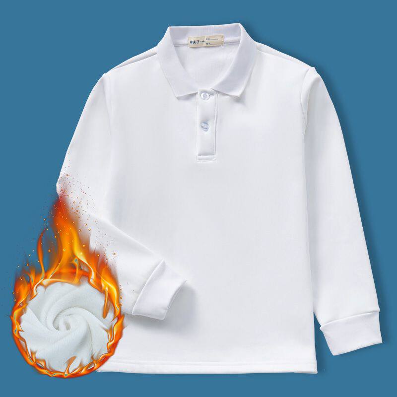 儿童白色polo衫加绒男童长袖t恤纯棉女童打底衫学生校服翻领上衣