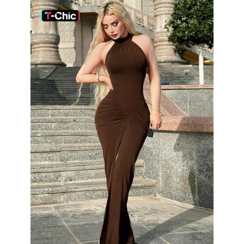 Womens Solid Ruched Halter Neck Bodycon Dress Elegant