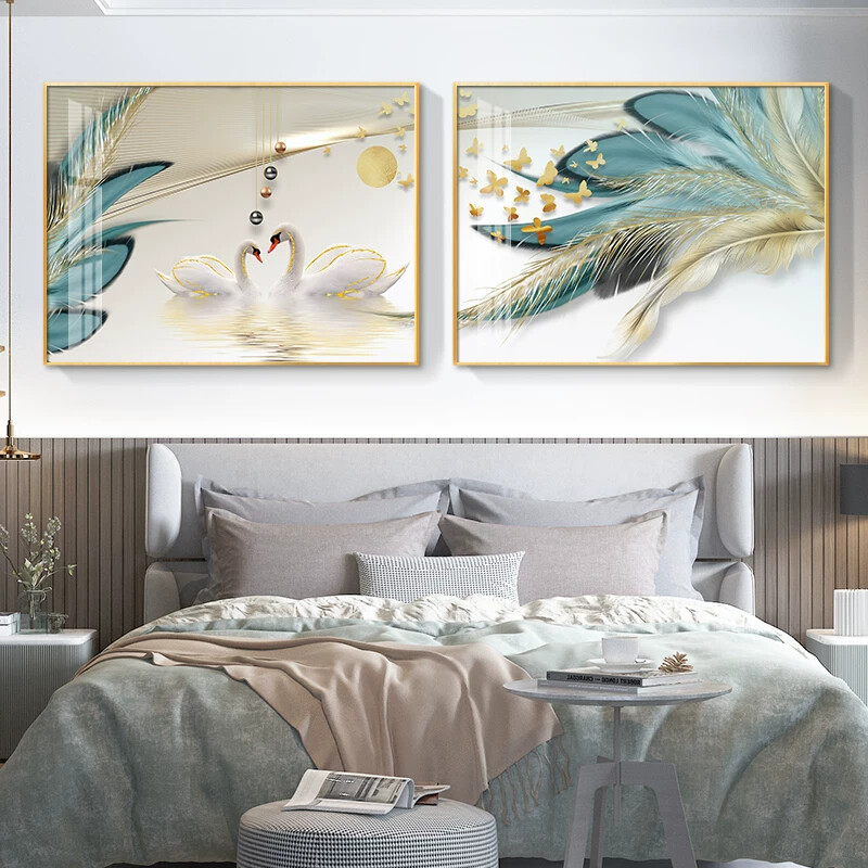 轻奢卧室床头装饰画简约现代主卧房间背景墙挂画大气两联壁画