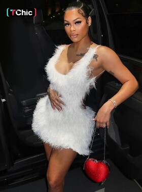 Womens Solid Color Backless Fluffy Cami Dress Fashion U