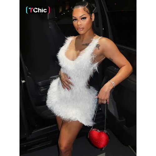 Womens Solid Color Backless Fluffy Cami Dress Fashion U