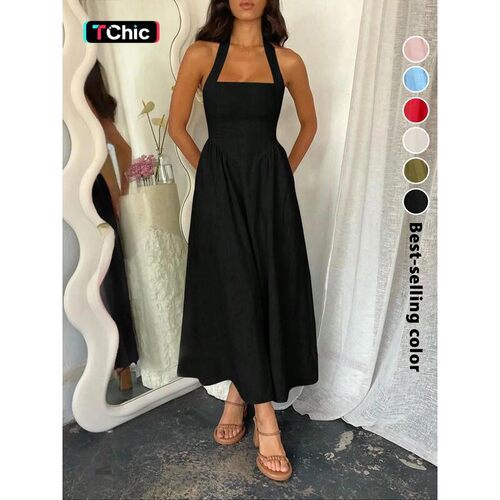Womens Plain Pocket Zipper Back Dress Casual Sleeveless