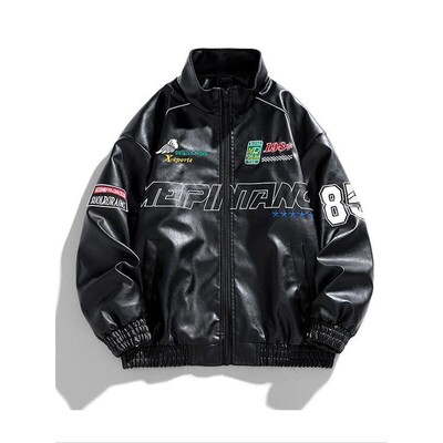 Men's Letter Number Print Pocket Zip Up Pu Leather Jacket