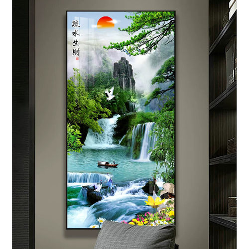 流水生财轻奢入户玄关装饰画现代简约竖版走廊尽头挂画山水画壁画
