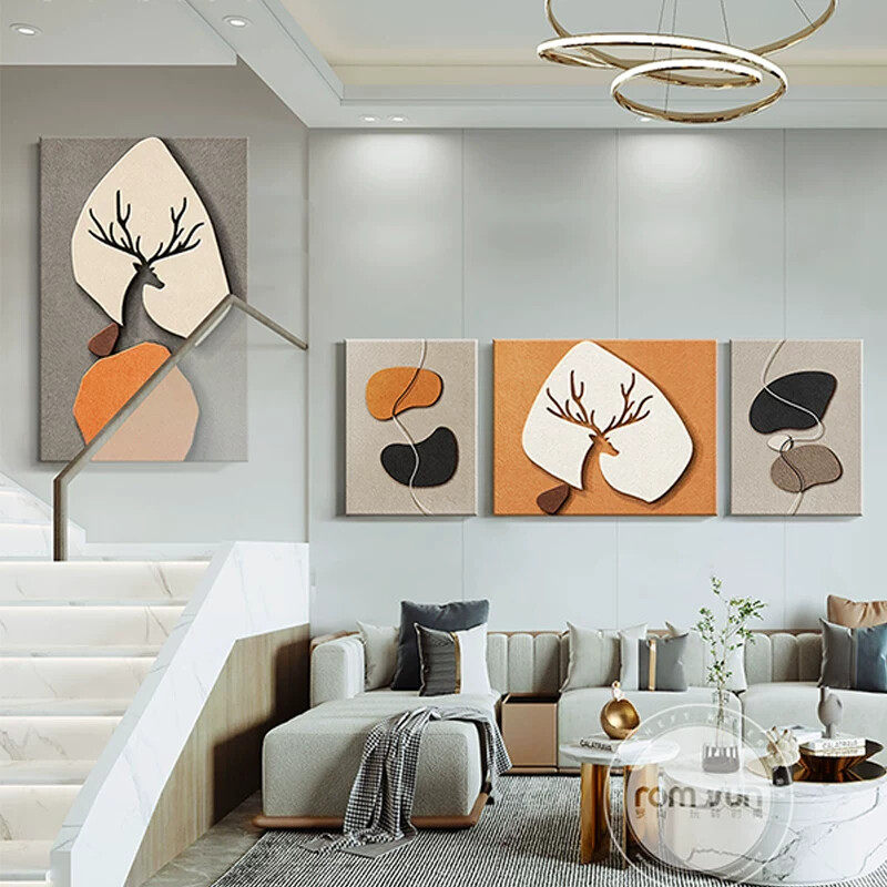 现代轻奢客厅装饰画高档立体砂岩壁画高级感沙发背景墙挂画三联画