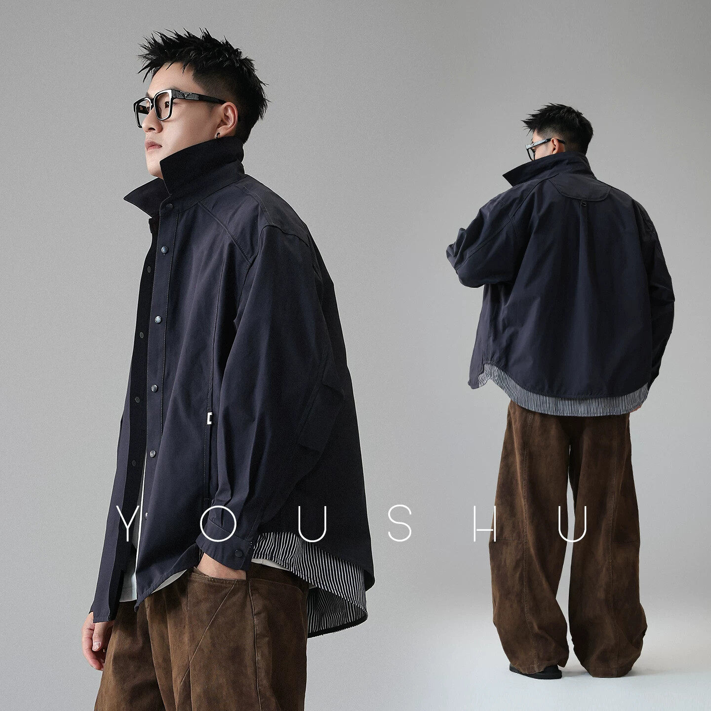 拼接美式潮牌假两件衬衫男长袖2026新款春季宽松格纹复古衬衣外套