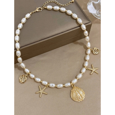 D 55002 Pearl shell adjustable clavicle chain 珍珠贝壳调节锁