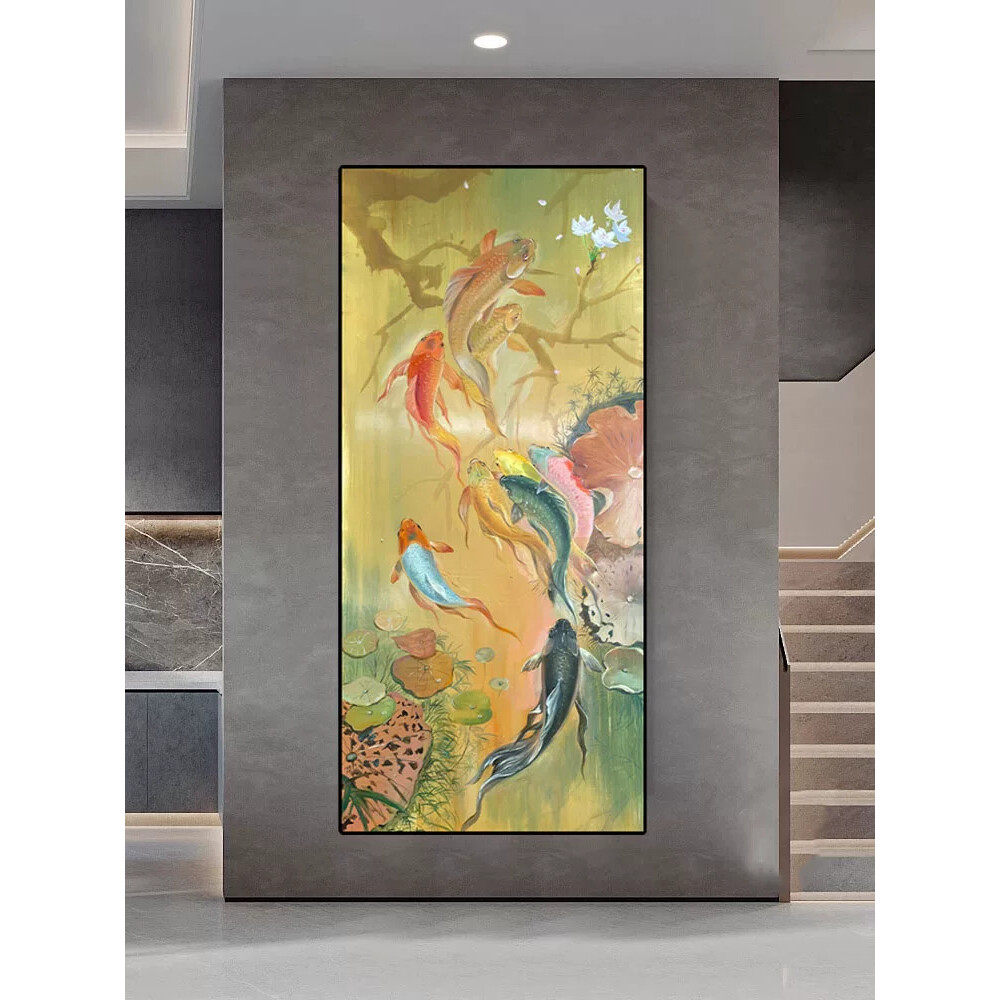 新中式聚财九鱼图客厅装饰画现代抽象锦鲤卧室壁画玄关金鱼挂画