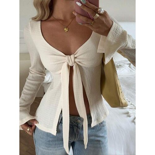 Womens Knitted Heart Neckline Ruched Waist Long Sleeve