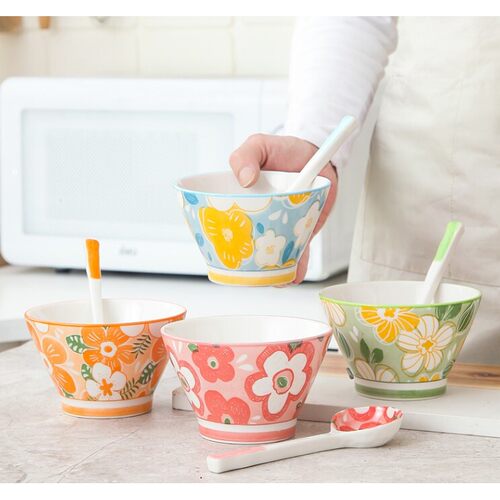 【夏日花漾4碗4勺】5寸斗笠碗/扭扭勺4个混装家用釉下彩陶瓷米饭