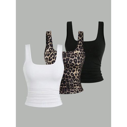Plain Leopard Print Scoop Neck Tank Top Casual Sleeveless