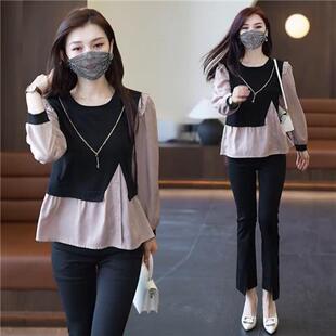长袖假两件衬衫女春秋撞色打底衫气质时尚遮肚子拼接衬衣小衫上衣
