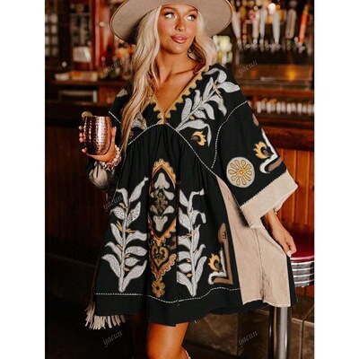 Boho Style Floral Western Printed Vacation Dress Casual