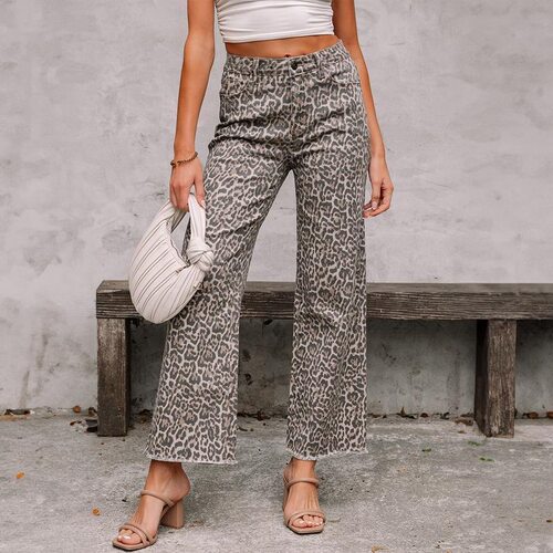 Womens Brown Leopard Print Wide Leg Raw Hem Highwaist Jeans