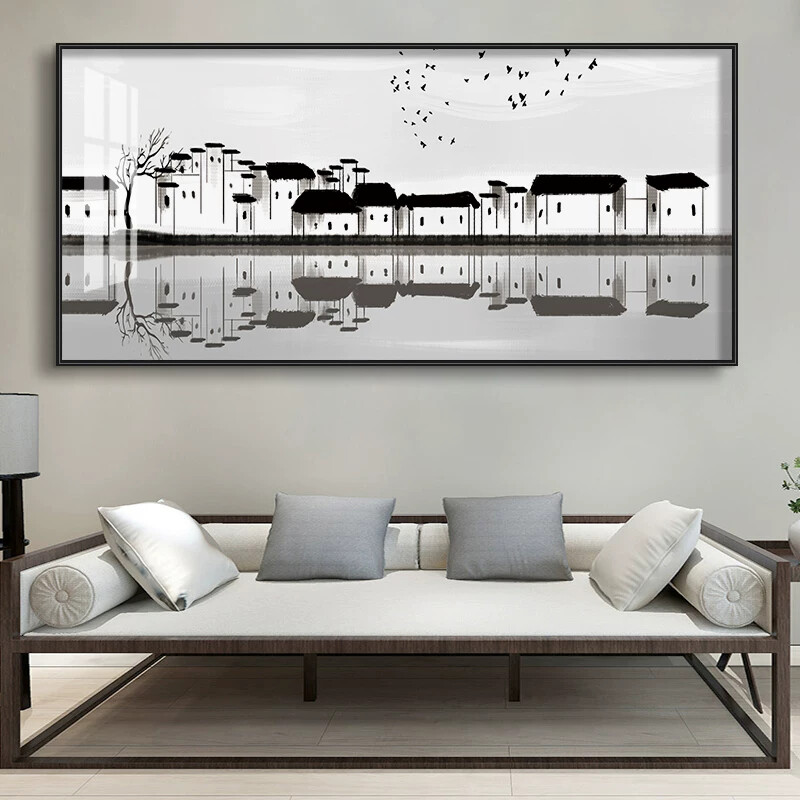 江南水乡水墨山水画新中式客厅沙发背景墙装饰画餐厅风景挂画壁画