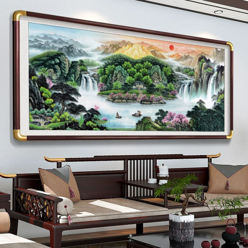 流水生财山水风景挂画中式国画客厅沙发背景装饰字画办公室靠山图