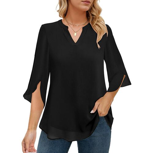 Q 12361 V Neck Floral Sleeve Blouse 宽松花瓣袖衬衫 代发