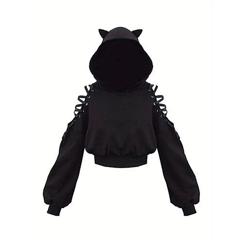 L 26453 Cute Cat Hooded Crop Top 猫咪露脐卫衣 跨境欧美