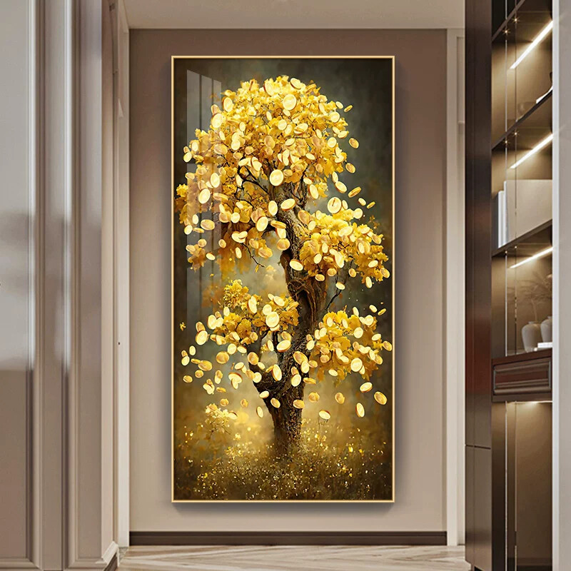 发财树玄关装饰画轻奢大气入户挂画高档简约竖版楼梯走廊过道壁画