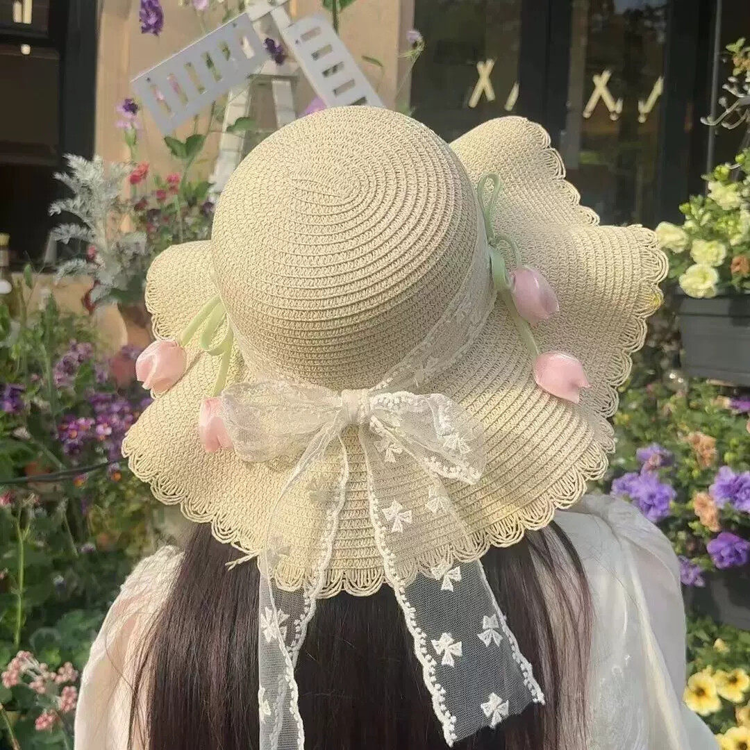 防紫外线沙滩帽女花边度假风海边度假防晒粉色小头围花朵草帽子