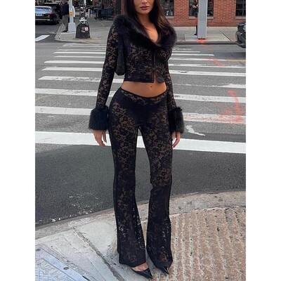 Twopiece Set Womens Fashion Floral Print Fur Collar Lace