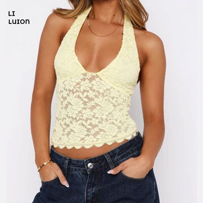 Women Y2k Lace Halter Top SeeThrough Floral Lace Tank