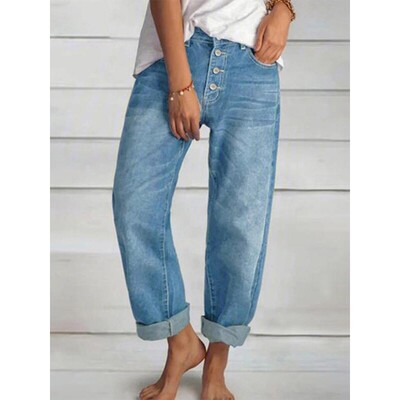 Women's Plain Button Fly Straight Leg Jeans Casual Street
