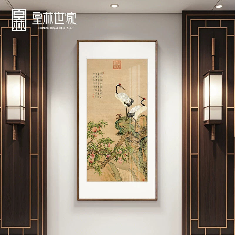 蟠桃图新中式入户玄关装饰画走廊过道尽头壁画国画花鸟画竖版挂画