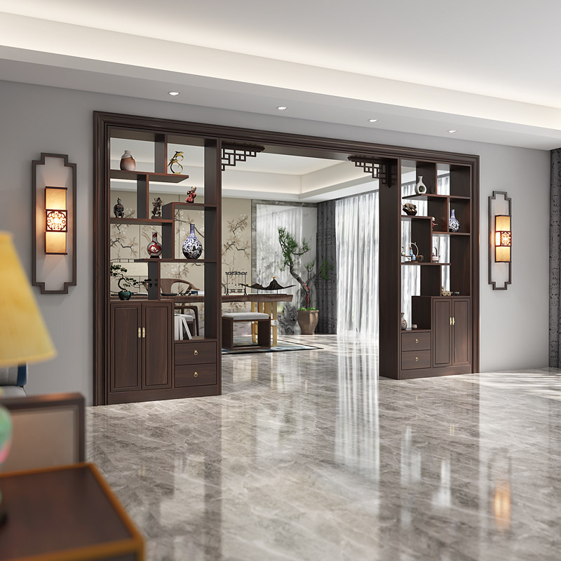 新中式入户客厅进门实木拱门玄关博古架隔断柜屏风月洞门酒柜定制