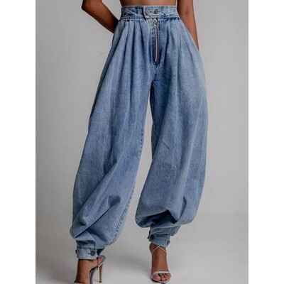 Elengatine Womens High Waist Pleated Balloon Jeans Baggy