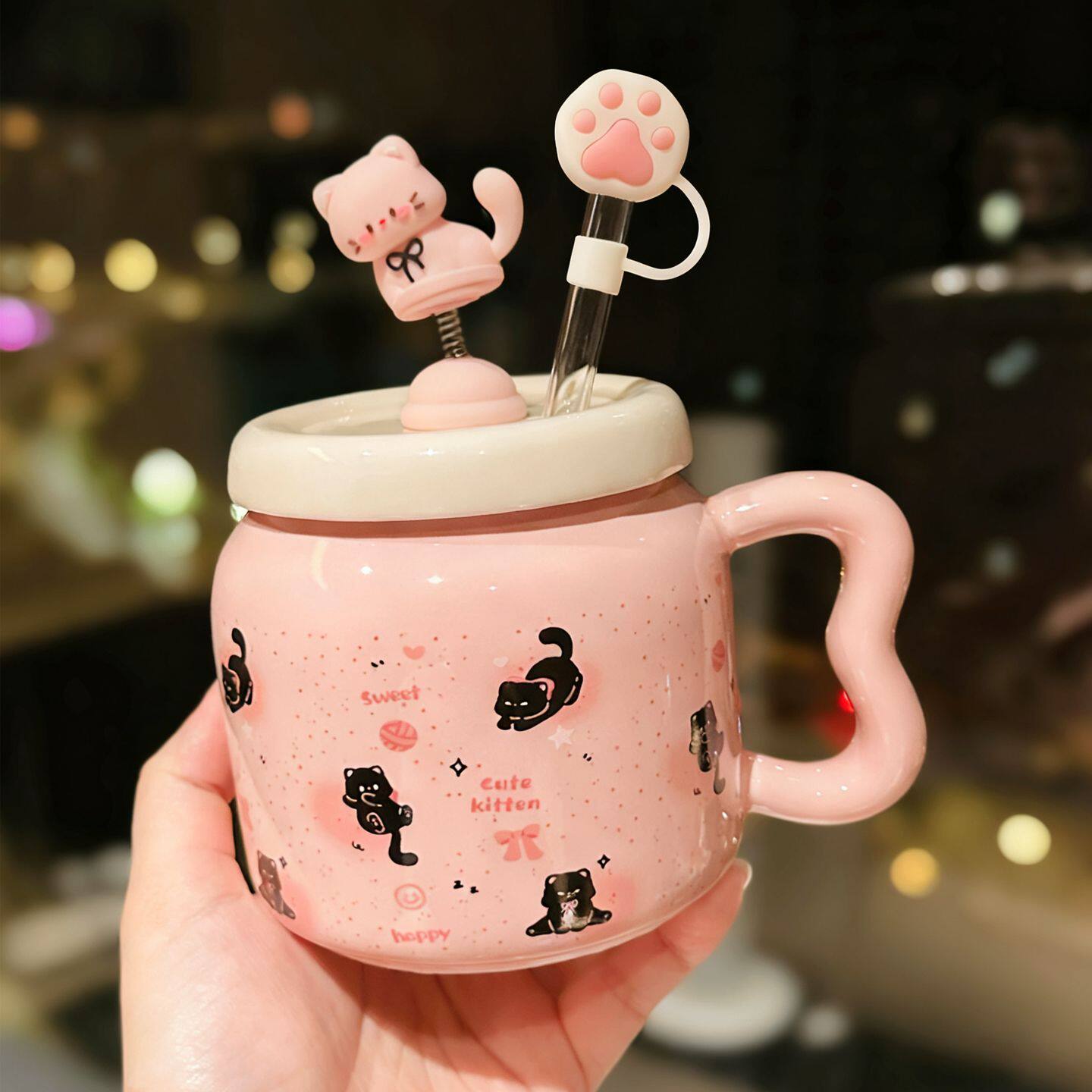 可爱卡通小猫陶瓷马克杯带盖勺女生办公室咖啡杯实用水杯生日礼物