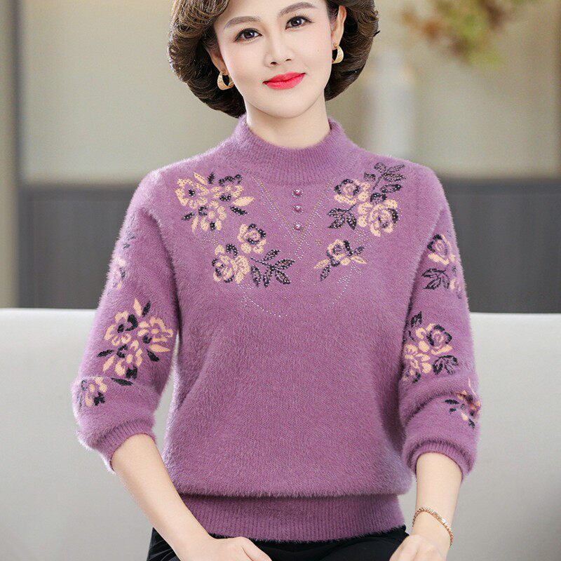 妈妈装毛衣女加绒老年人保暖内搭水貂绒上衣中年女中老年打底衫