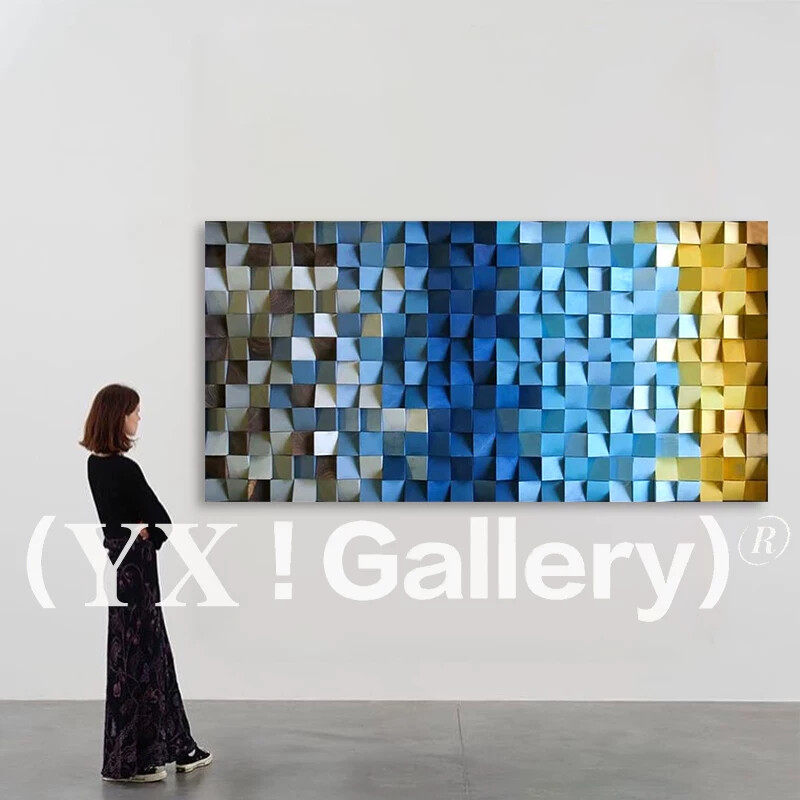 YX《织彩》意式风卧室装饰画立体浮雕壁画大气客厅背景墙木块挂画