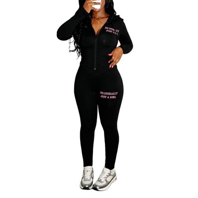 Womens Letter Print Zip Up Jacket Skinny Pants Twopiece Set