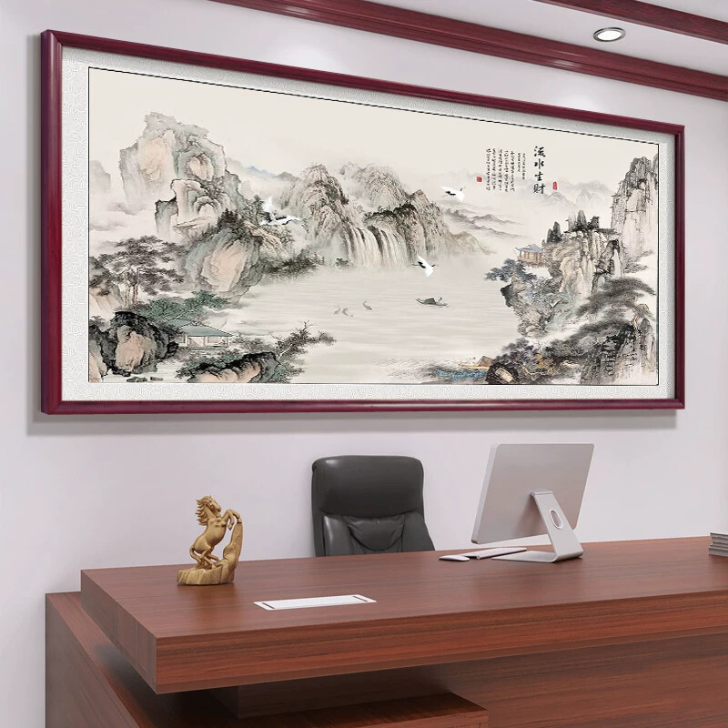 八方来财聚宝盆国画山水挂画办公室背景墙装饰画公司客厅大气壁画