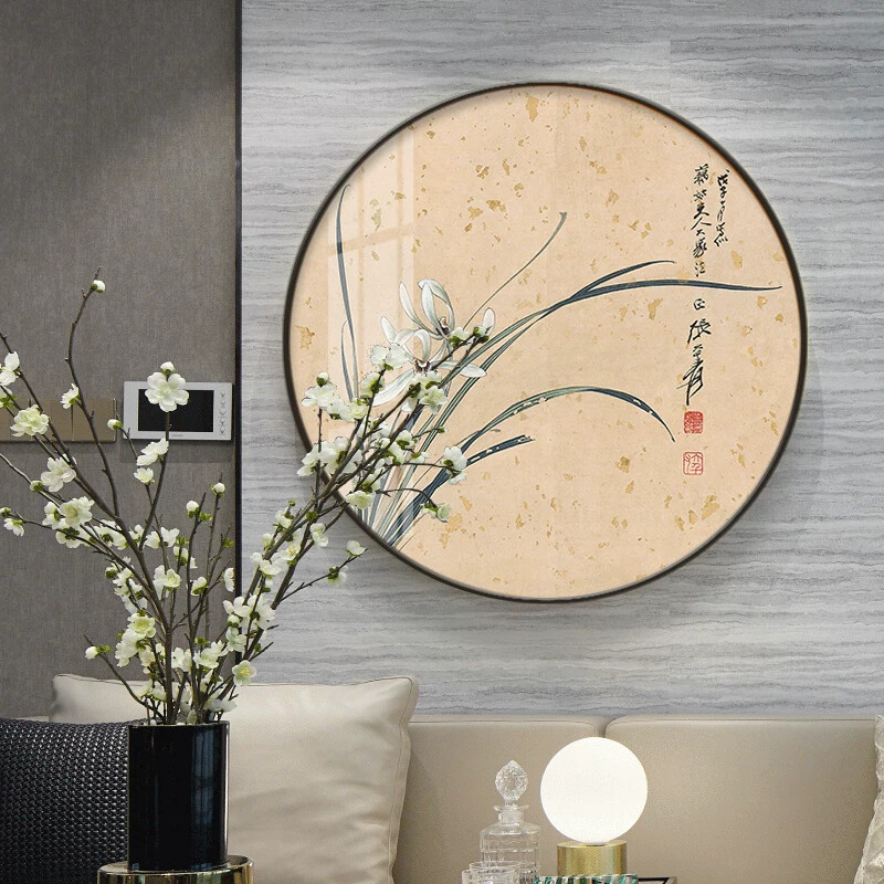 新中式圆形装饰画轻奢挂画客厅玄关餐厅壁画荷花画中国风晶瓷画